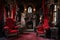 This photo showcases a red chair and two additional red chairs arranged neatly in a room, Vampire Dracula castle interior,