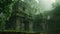 The photo showcases the remains of a decrepit building surrounded by dense foliage in the heart of the jungle, Abandoned ruins of