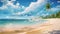 This photo showcases a vibrant painting of a tropical beach, featuring lush palm trees against a clear blue sky, tropical beach