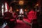 This photo showcases a warm and inviting living room, brimming with red couches and chairs, Vampire Dracula castle interior,