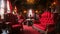 This photo showcases a warm and inviting living room, brimming with red couches and chairs, Vampire Dracula castle interior,