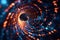 A photo showcasing a black hole in the center of a vivid blue and orange background, Binary code spiraling into the shape of a