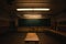 This photo shows an empty classroom filled with desks and a chalkboard, An empty, eerie classroom sparsely lit by a single