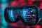 This photo shows a pair of glasses with numerous words covering the lenses and frames, Binary code reflecting on a pair of virtual