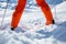 Photo skier legs in orange pants, ski poles on winter track