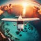 photo of small Airplane flying above tropical sea at sunset. fish eye lens