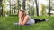 Photo of smiling woman doing yoga and fitness exercises. Middle aged people taking care of their health. Harmony of body