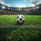 Photo Soccer ball poised on green field in vibrant stadium setting