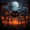 Photo of a spooky Halloween scene with a giant spider lurking in the shadows