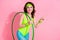 Photo of sporty lady coach with hula hoop demonstrate sport store offer for buying equipment isolated pastel color