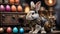 Photo Of Steampunk Style Rabbit With Steam Engines And Colorful Easter Eggs. Generative AI