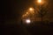 A photo of a street at night with street lights shining behind the trees and silhouette of a person