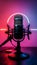 Photo Studio podcast microphone on gradient neon background, broadcasting equipment photo