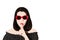 Photo in the style of pop art. Woman in red sunglasses shows gesture Shhh.