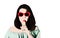 Photo in the style of pop art. Woman in red sunglasses shows gesture Shhh.