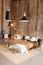 Photo of stylish loft design. Studio apartment. Industrial. Grunge wall texture.