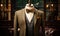 Photo of a stylish mannequin dressed in a dapper suit and bow tie