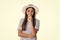 photo of summer trendy pondering teen girl wearing hat. summer trendy teen girl  on white.