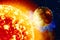 Photo of the sun in space. Close up view of a burning sun in space. Plasma Background. 3d illustration