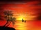 Photo of sunrise with bird on sea and sea boat
