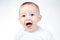 Photo of surprised eleven-month-old baby on a white background