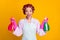 Photo of surprised girl hold chemical spray bottles wear bath robe gloves apron isolated shine color background