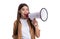 photo of surprised tween girl announcer hold loudspeaker. teen girl announcer
