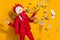 Photo of surreal guy hold pistol throw jackpot lottery wear cock mask red suit isolated yellow color background