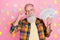 Photo of sweet confident age gentleman wear plaid shirt having great money making ideas isolated stickers pink color