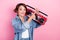 Photo of sweet cute lady dressed denim jacket changing radio channel boom box isolated pink color background