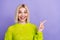 Photo of sweet excited lady wear green pullover pointing finger empty space isolated purple color background