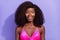 Photo of sweet impressed african lady dressed pink sexy clothes smiling big eyes open mouth isolated violet color