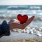 Photo Symbolic gesture Womans hand holds red heart by seashore