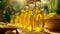 Photo of a table filled with bottles of olive oil