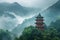 A photo of a tall building standing on top of a vibrant green hillside, surrounded by nature, A Chinese pagoda in a misty mountain
