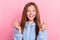 Photo of teen funny optimistic cute girl school learner wear blue sweater excited face showing korean heart symbol