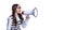 photo of teen girl announcer with megaphone, advertisement. teen girl announcer