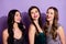 Photo of three coquette ladies toothy white smile wear glossy dresses  violet color background