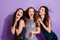 Photo of three crazy excited ladies dance open mouth wear dresses isolated violet color background