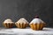 A photo of three delicious fresh muffins with powdered sugar on the black background, selective soft focus. Place for text, copy