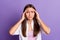 Photo of tired troubled lady fingers temples suffer headache wear white shirt isolated purple color background