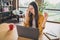 Photo of tired upset mature woman wear yellow shirt glasses working deadline modern device indoors house home room