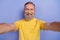 Photo of toothy beaming retired man with gray beard dressed striped t-shirt making selfie smiling isolated on purple