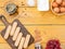 Photo on top of table with biscuits, eggs, raspberries