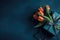 Photo Of The Top View Of The Copy Space And The Modern Blue Gift Box With Ribbon Bow On The Side And Bouquet Of Orange Tulips With