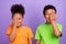 Photo of two young little afro kids happy positive smile cover eye oculist check vision isolated over violet color