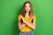 Photo of unhappy dissatisfied lady teenager wear yellow t-shirt crossed hands against problems calm face isolated on
