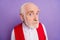 Photo of unhappy doubtful suspicious old grandfather look you disbelief isolated on purple color background