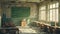 A photo of an unoccupied classroom showing an empty chalkboard with several desks neatly arranged in rows, Artistic rendering of a