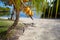 Photo Untouched Tropical Beach in Bali Island. Palm with fruits. Vertical Picture. Blurred Background